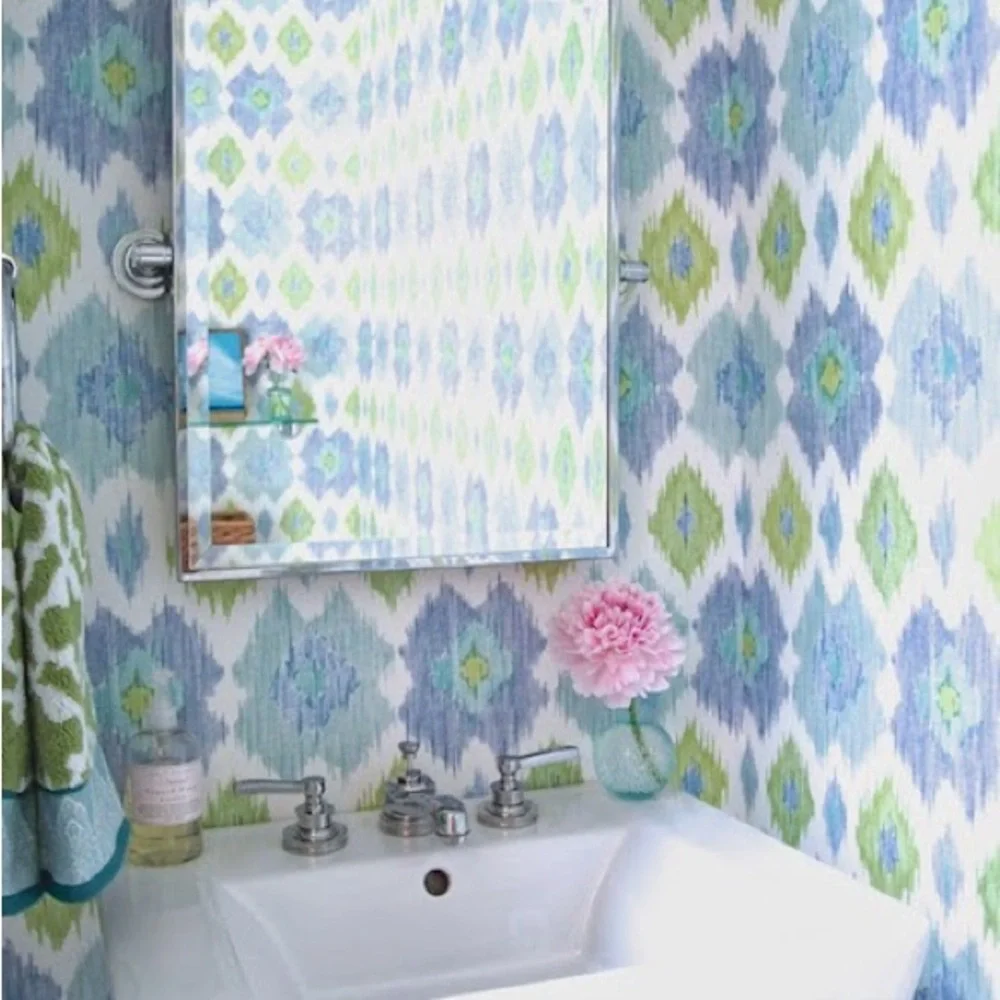 THIBAUT Bimini Ikat Blue And Green Wallpaper NEW IN PACKAGING Wallcovering